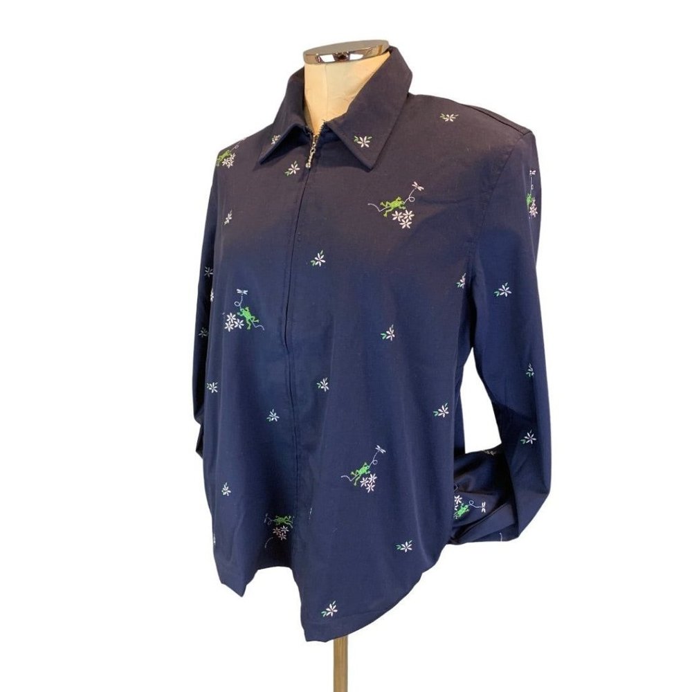 8 Alfred Dunner Women's Navy Blue Full Zip Spring Jacket Navy Blue Embroidered F